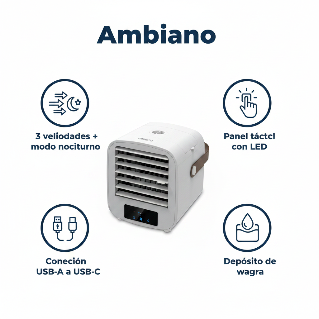 Enfriador de Aire Portátil con LED y Panel Táctil USB-C | Ambiano