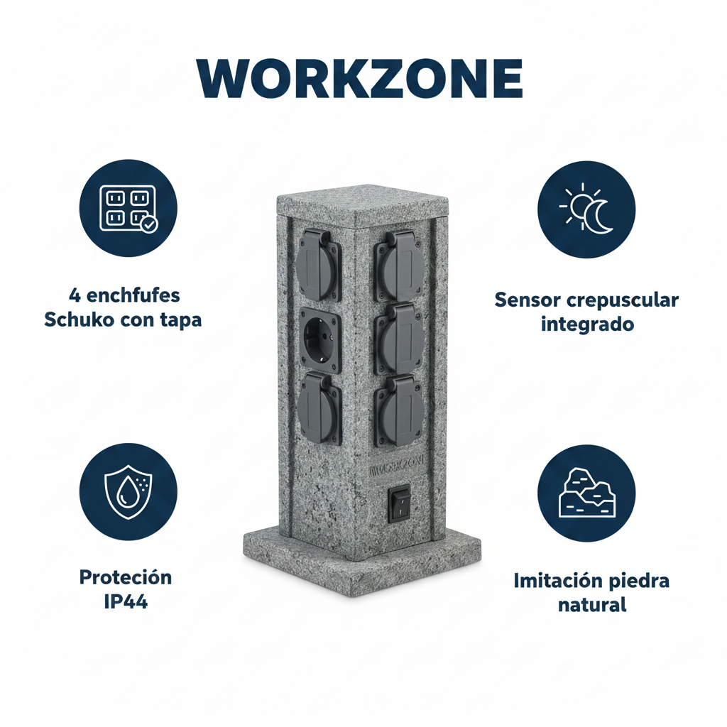 Columna Enchufe Exterior Imitación Piedra 4 Tomas con Sensor Crepuscular IP44 | Workzone