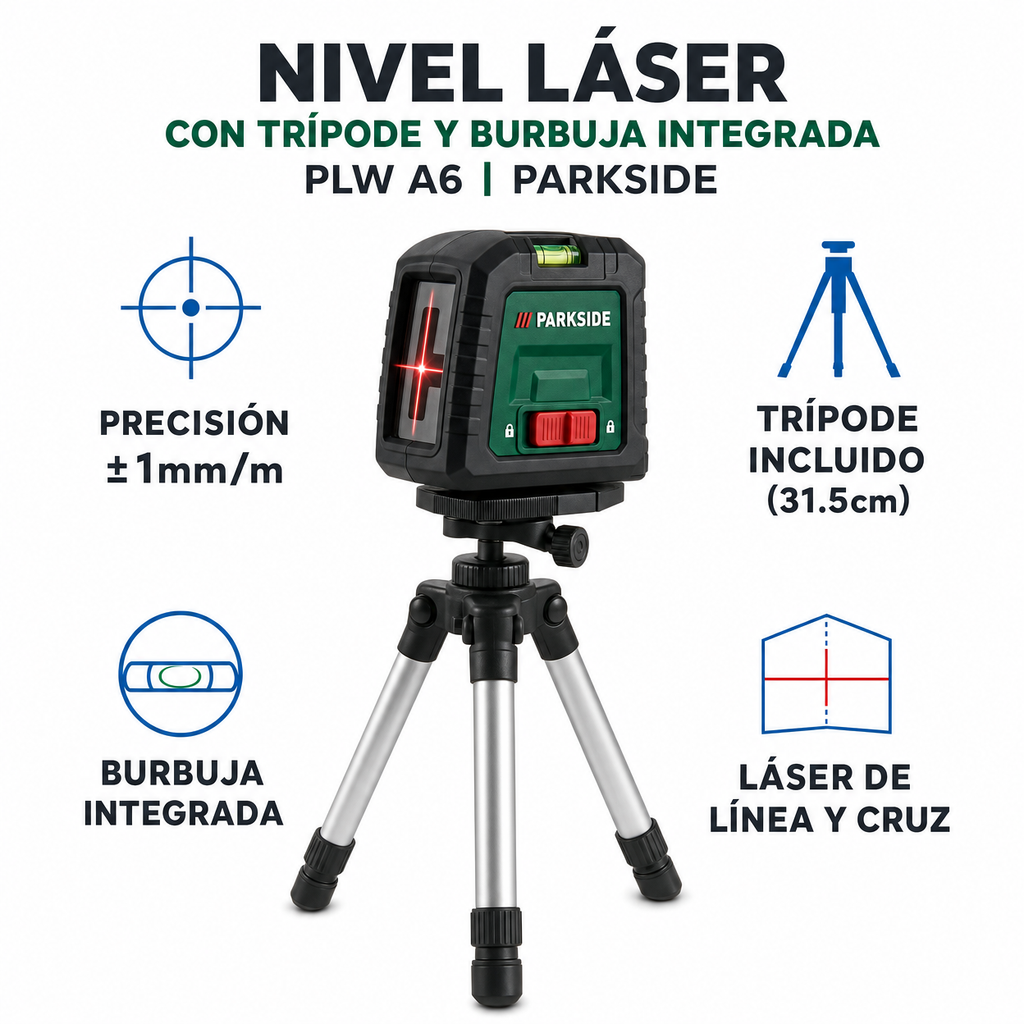 Nivel Láser con Trípode y Burbuja Integrada PLW A6 | Parkside