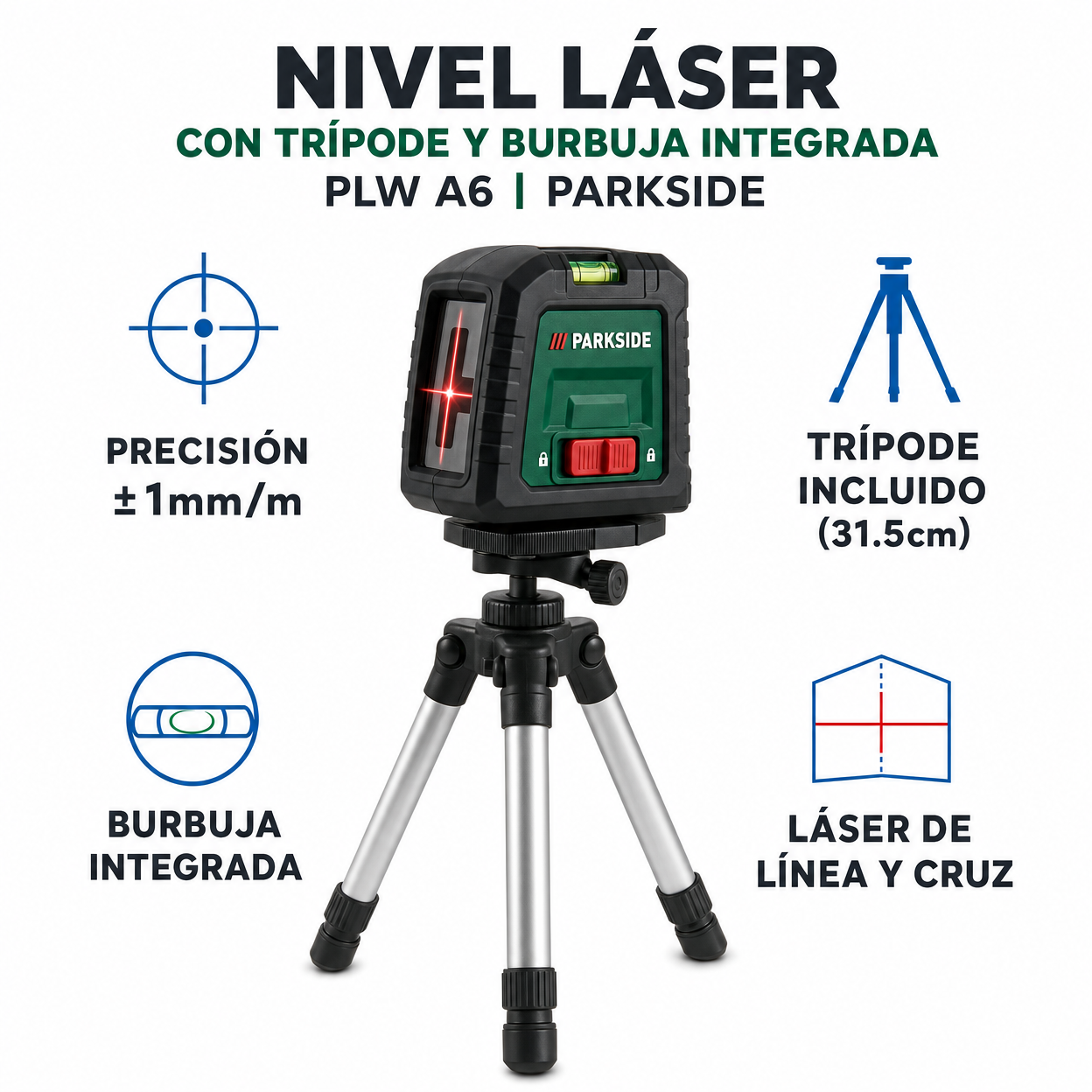 Nivel Láser con Trípode y Burbuja Integrada PLW A6 | Parkside