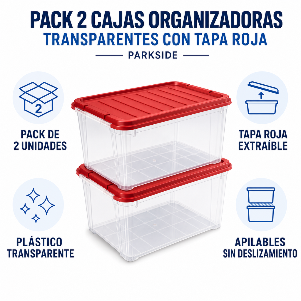 Pack 2 Cajas Organizadoras Transparentes con Tapa Roja Apilables | Parkside
