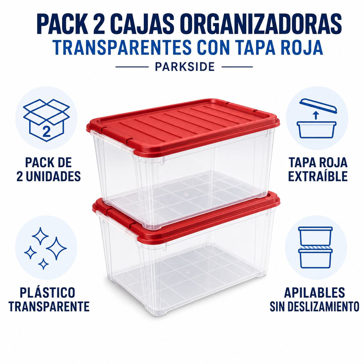 Pack 2 Cajas Organizadoras Transparentes con Tapa Roja Apilables | Parkside