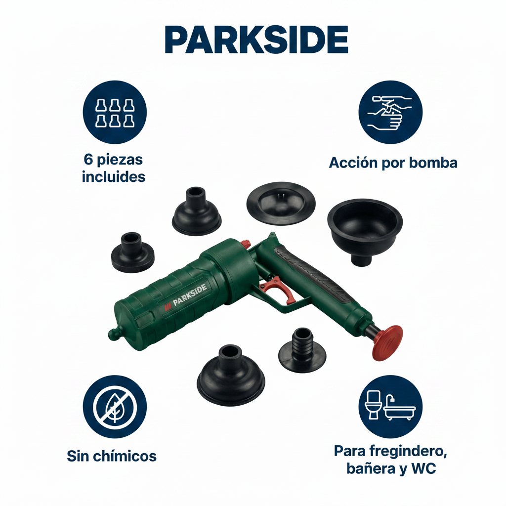 Desatascador de Bomba Manual 6 Piezas con 5 Adaptadores | Parkside