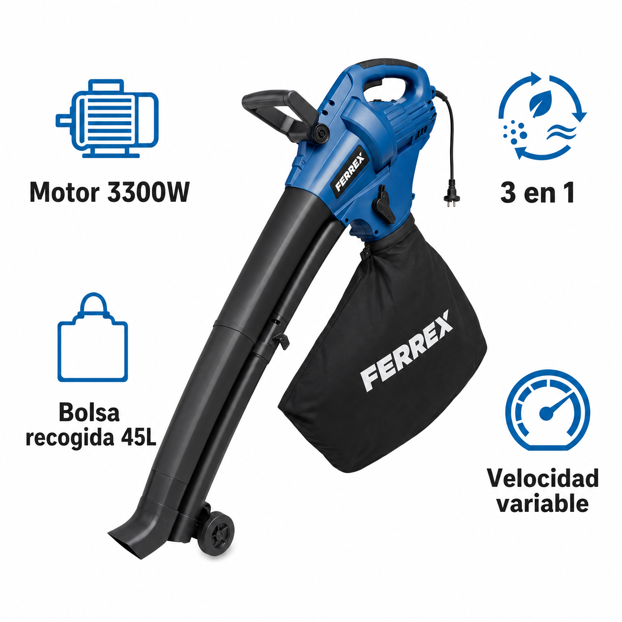 Soplador Aspirador de Hojas Eléctrico 3300W 3 en 1 con Bolsa 45L | Ferrex