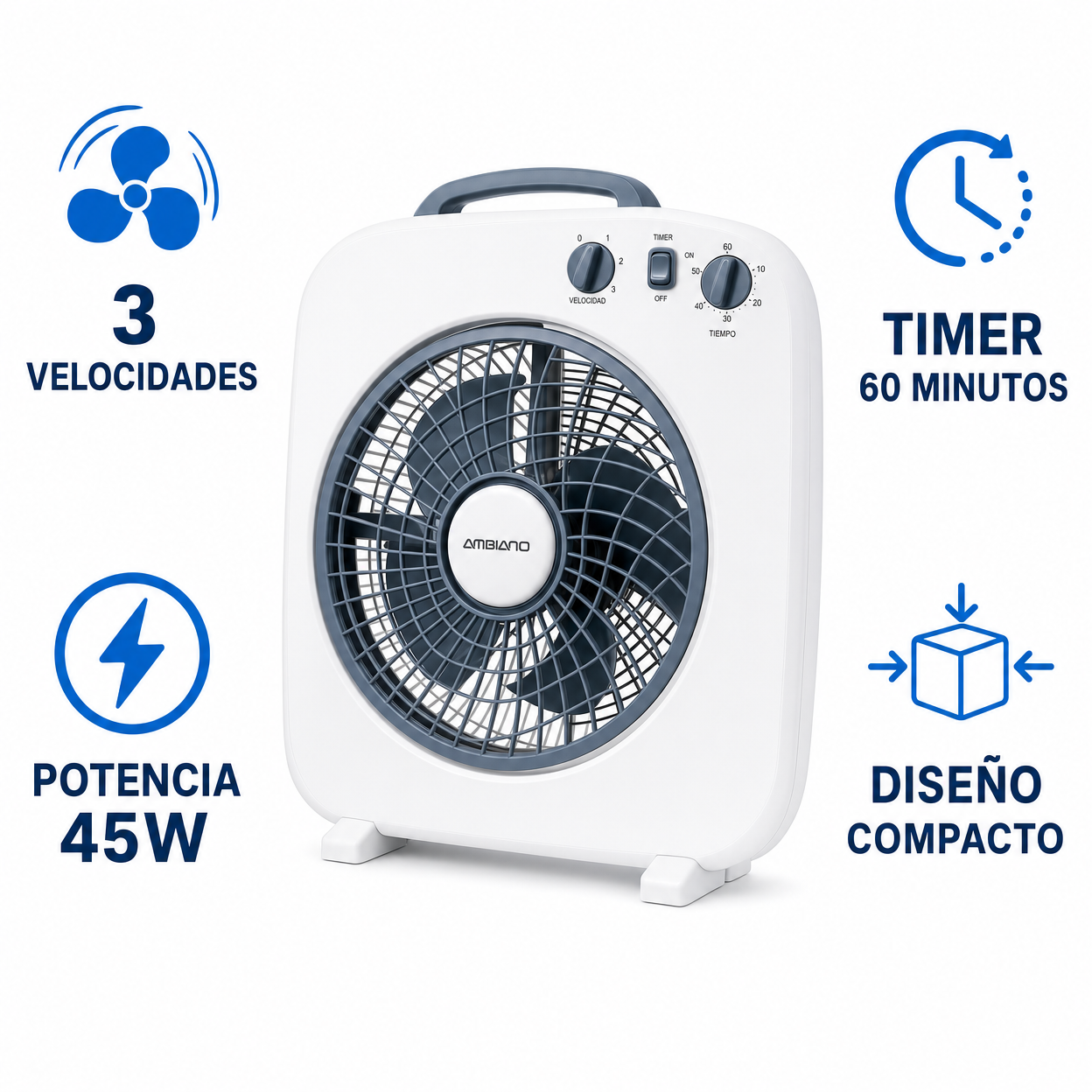 Ventilador de Caja Compacto 45W con Timer 60 Minutos 3 Velocidades | Ambiano
