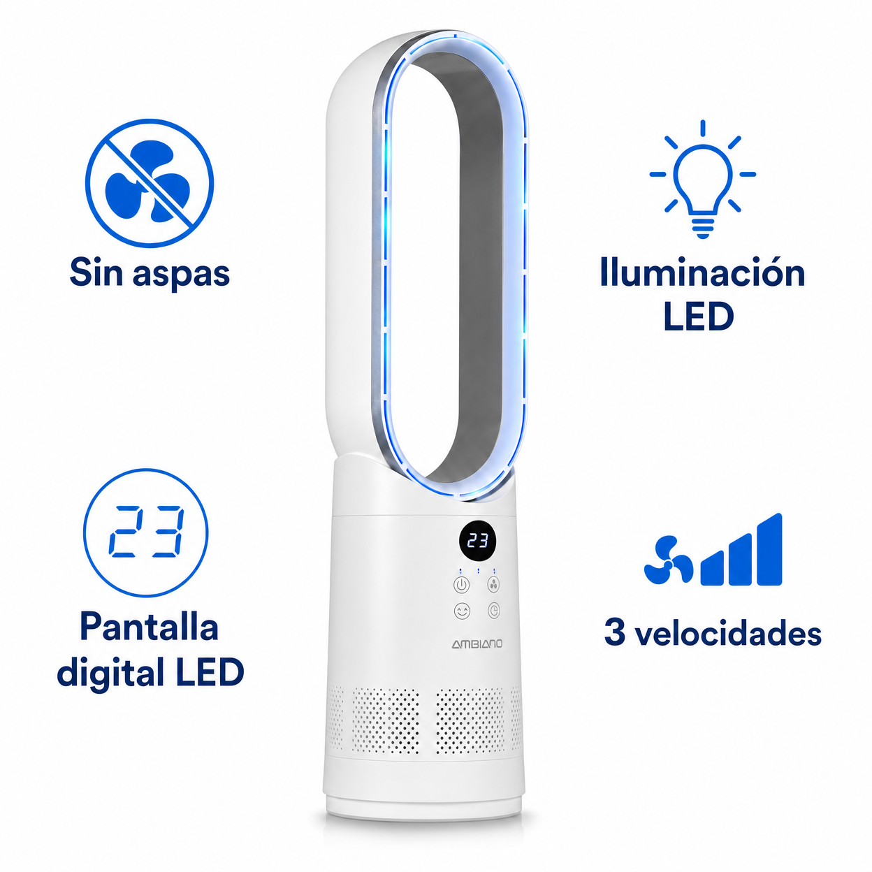 Ventilador de Diseño Sin Aspas con Iluminación LED y Pantalla Digital | Ambiano