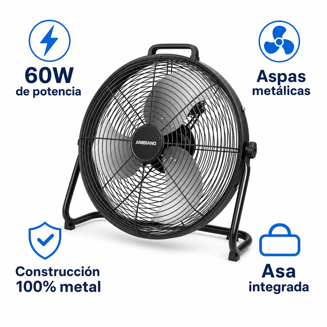 Ventilador de Suelo Industrial Alta Velocidad 60W Aspas Metálicas con Asa | Ambiano