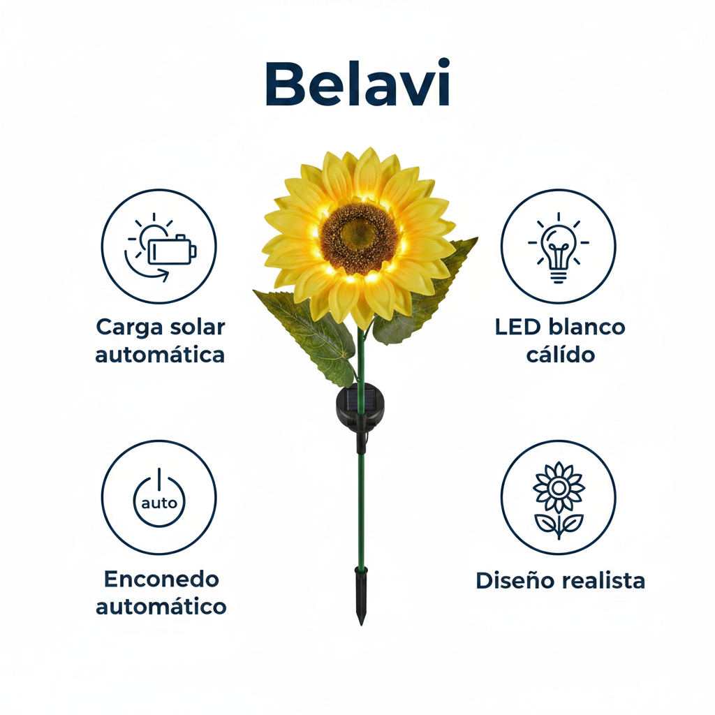Estaca Solar Decorativa Girasol con Luz LED Cálida para Jardín | Belavi