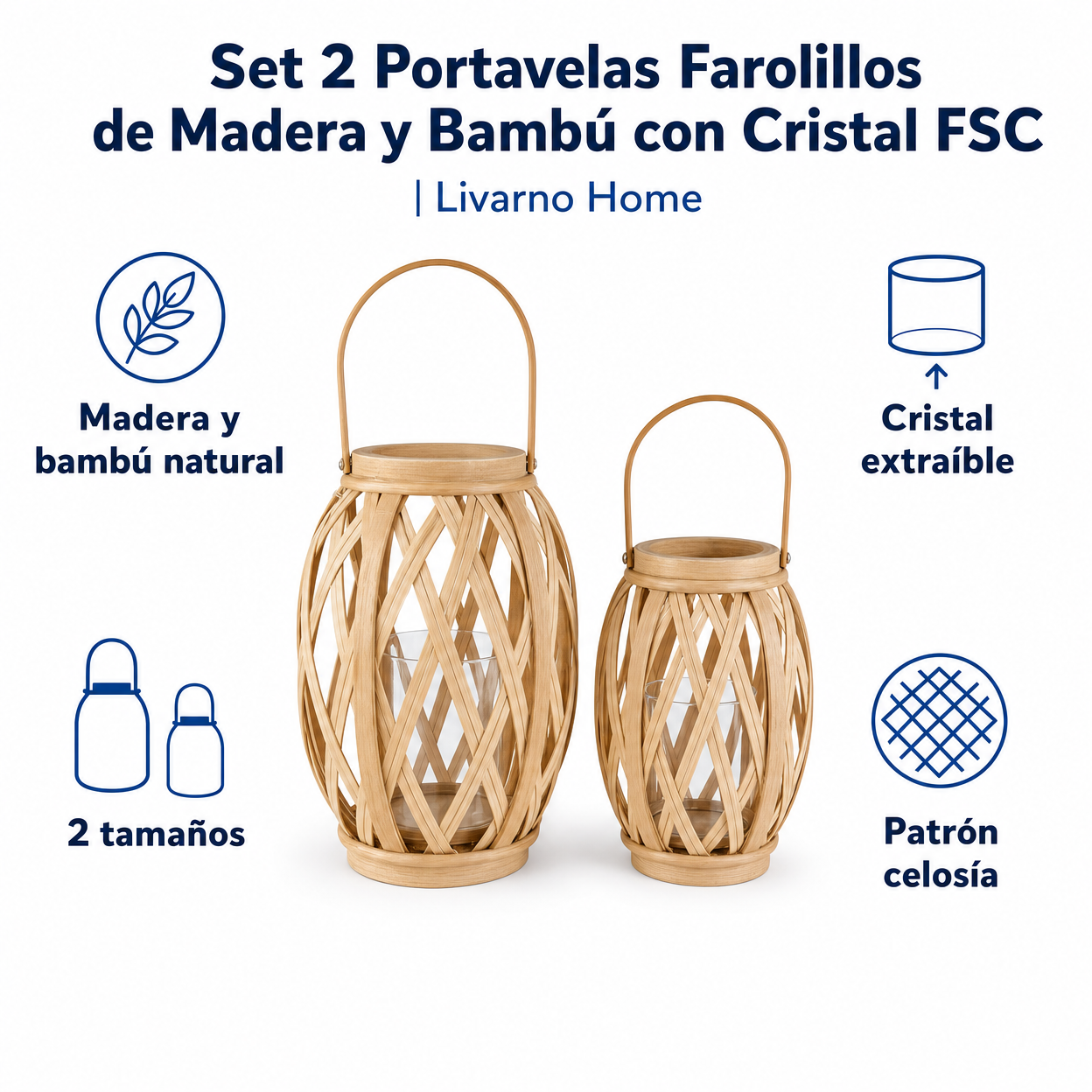 Set 2 Portavelas Farolillos de Madera y Bambú con Cristal FSC | Livarno Home