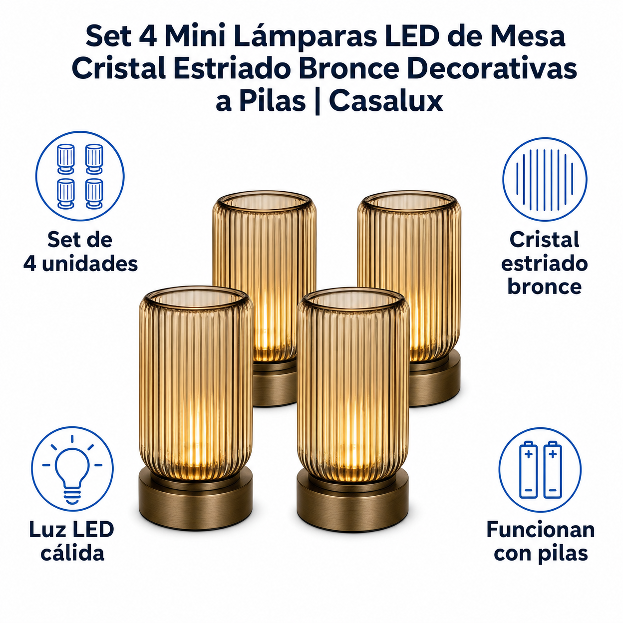 Set 4 Mini Lámparas LED de Mesa Cristal Estriado Bronce Decorativas a Pilas | Casalux