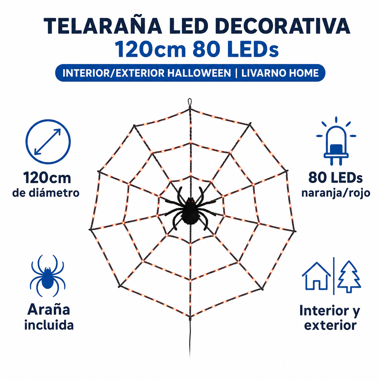 Telaraña LED Decorativa 120cm 80 LEDs Interior/Exterior Halloween | Livarno Home