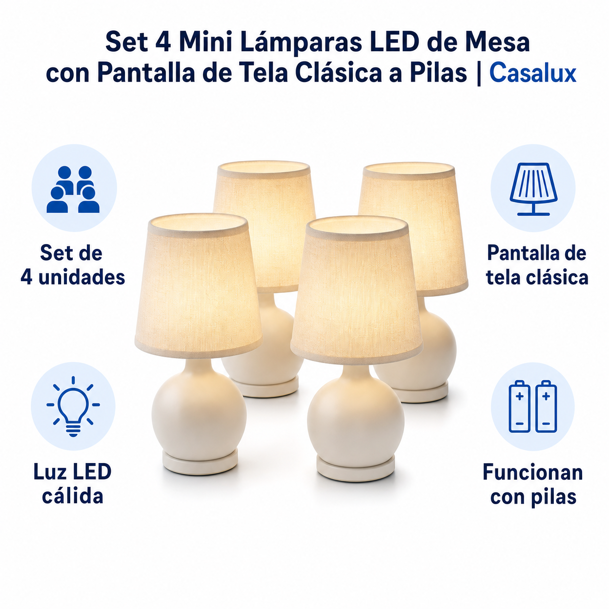 Set 4 Mini Lámparas LED de Mesa con Pantalla de Tela Clásica a Pilas | Casalux