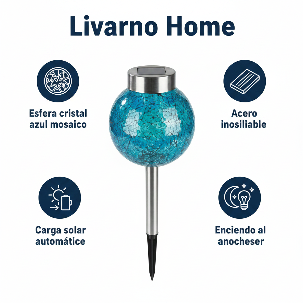 Luz Solar Decorativa Acero Inoxidable con Esfera de Cristal Azul Mosaico 35cm | Livarno Home
