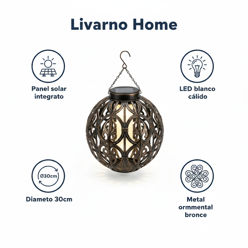 Farolillo Solar LED Esférico Colgante 30cm Metal Ornamental con Cadena | Livarno Home