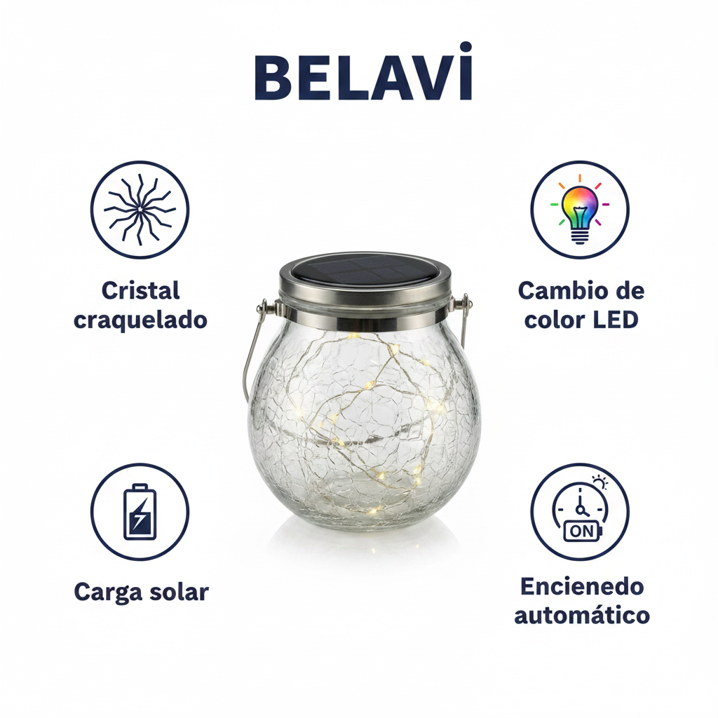 Lámpara Solar Jardín Cristal Craquelado con Cambio de Color LED 13.5cm | Belavi