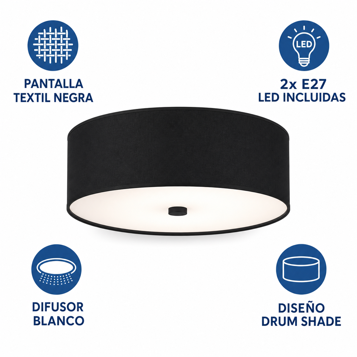 Plafón de Techo Textil Negro 2xE27 LED Incluidas Diseño Elegante | Casalux