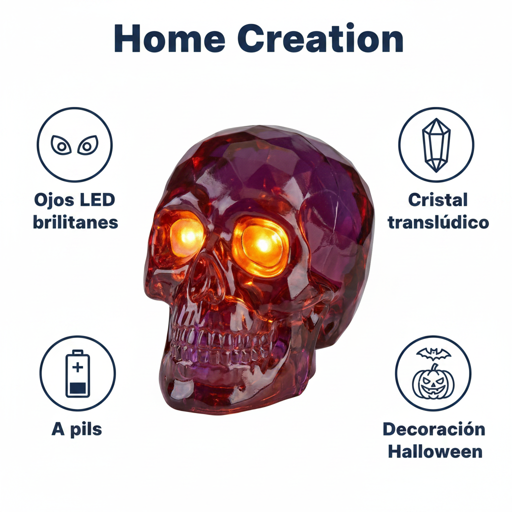 Calavera LED Decorativa Halloween Cristal Translúcido con Ojos Brillantes | Home Creation