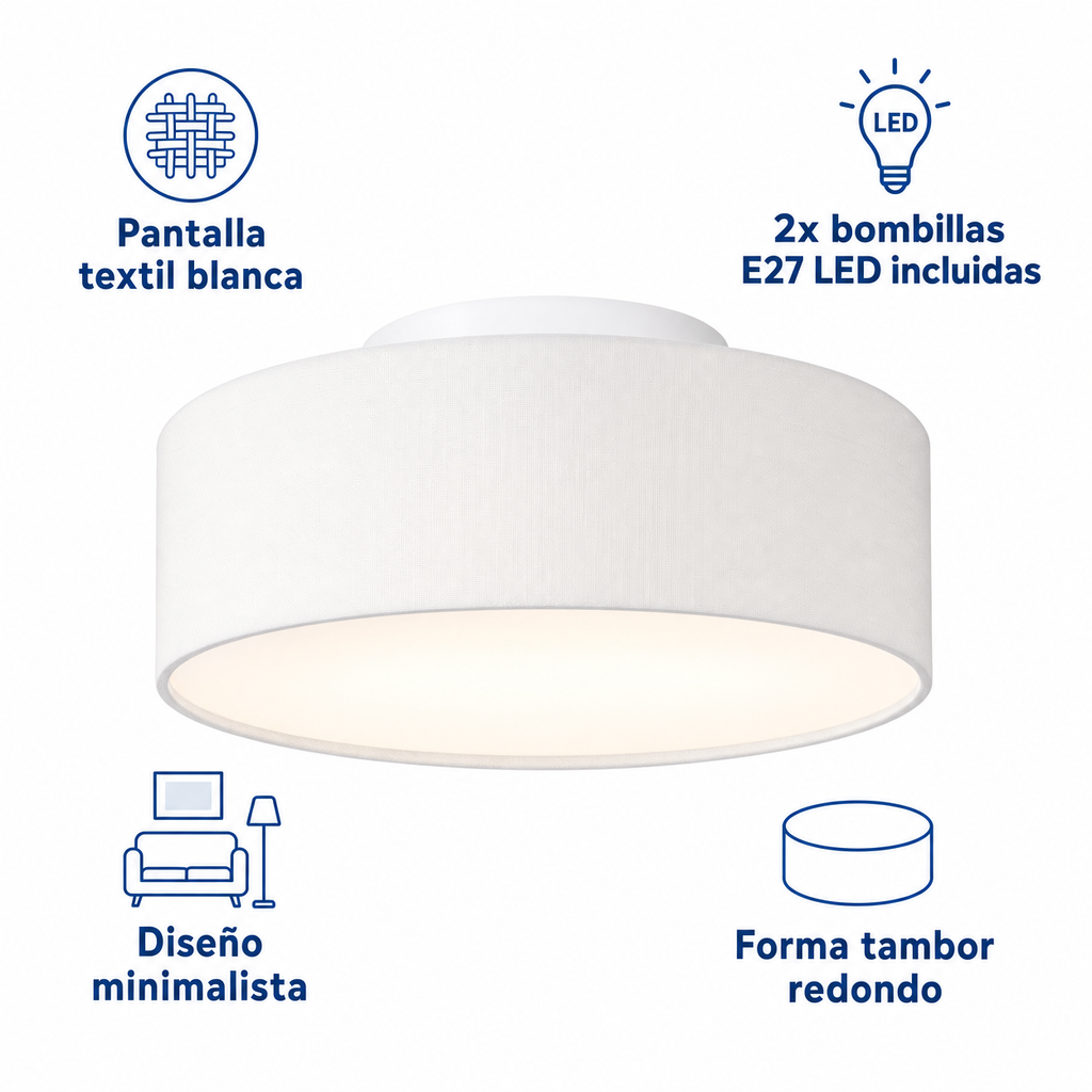 Plafón de Techo Textil Blanco 2xE27 LED Incluidas Diseño Minimalista | Casalux