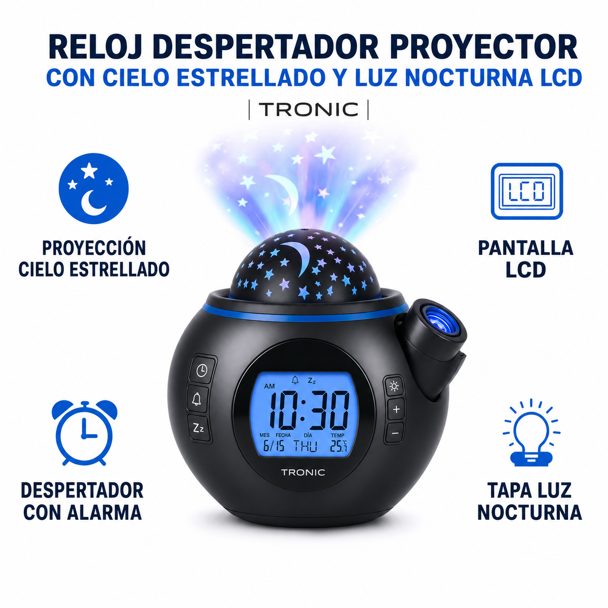 Reloj Despertador Proyector con Cielo Estrellado y Luz Nocturna LCD | Tronic
