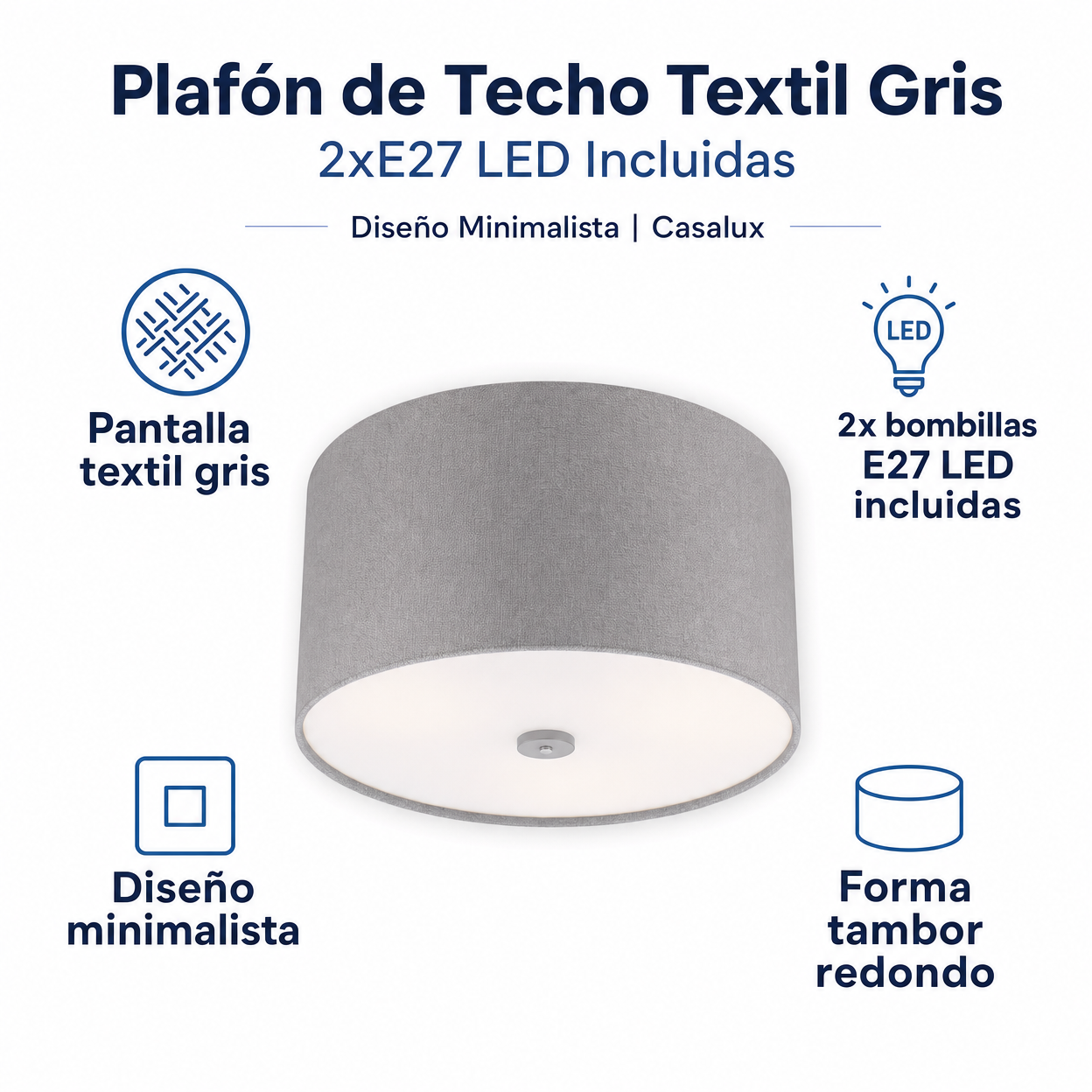 Plafón de Techo Textil Gris 2xE27 LED Incluidas Diseño Minimalista | Casalux