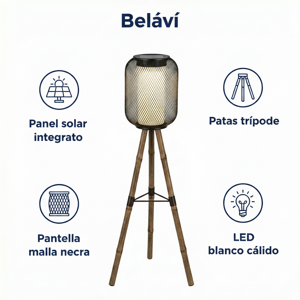 Lámpara Solar de Pie Trípode con Pantalla de Malla Negra Luz Cálida | Belavi