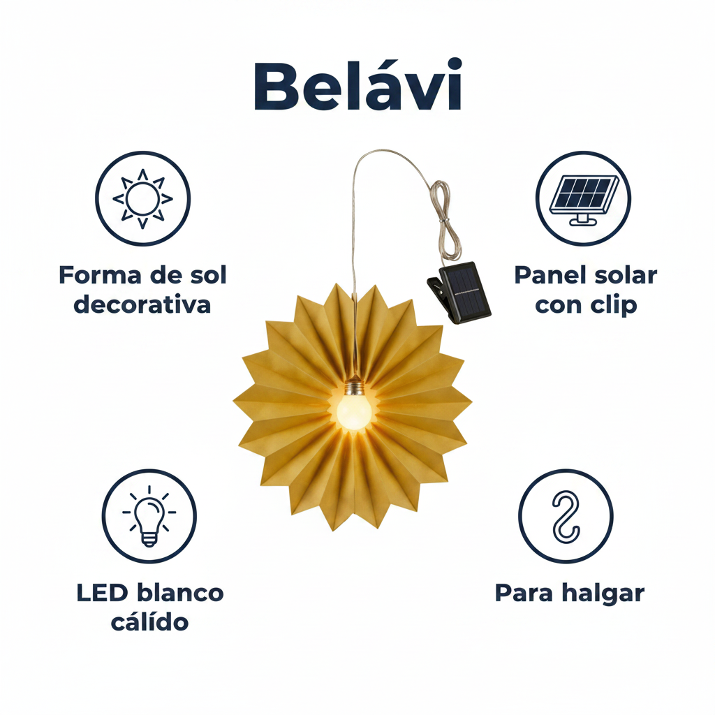 Farolillo Solar Forma de Sol Amarillo Colgante con Panel Solar y Clip | Belavi