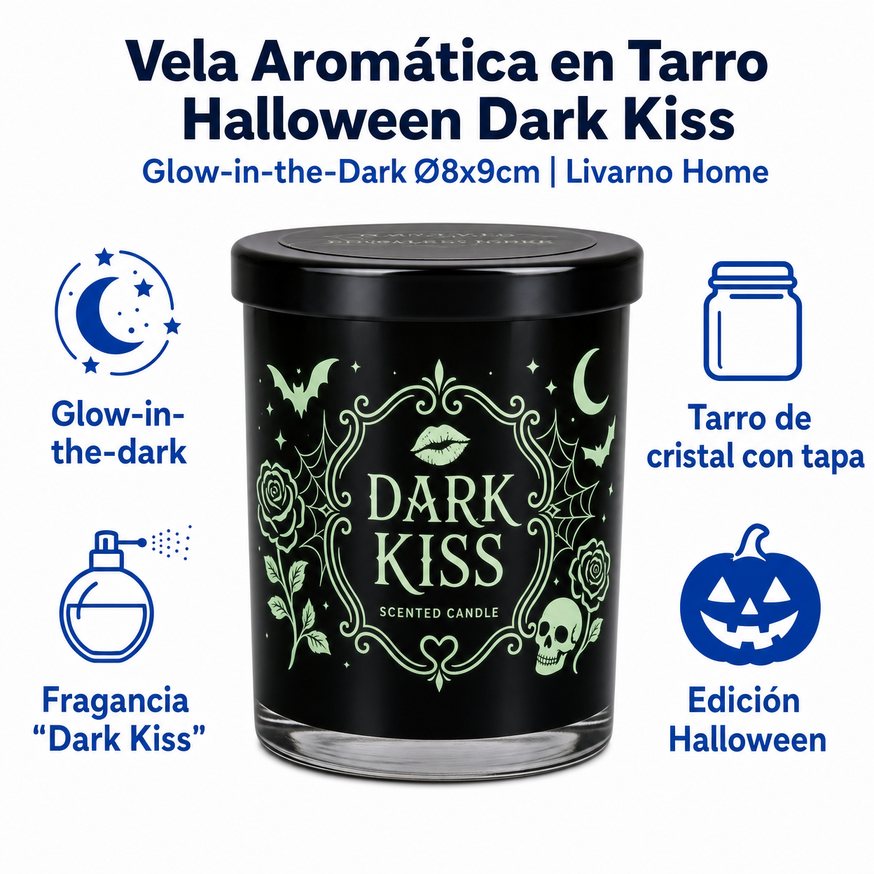 Vela Aromática en Tarro Halloween Dark Kiss Glow-in-the-Dark Ø8x9cm | Livarno Home