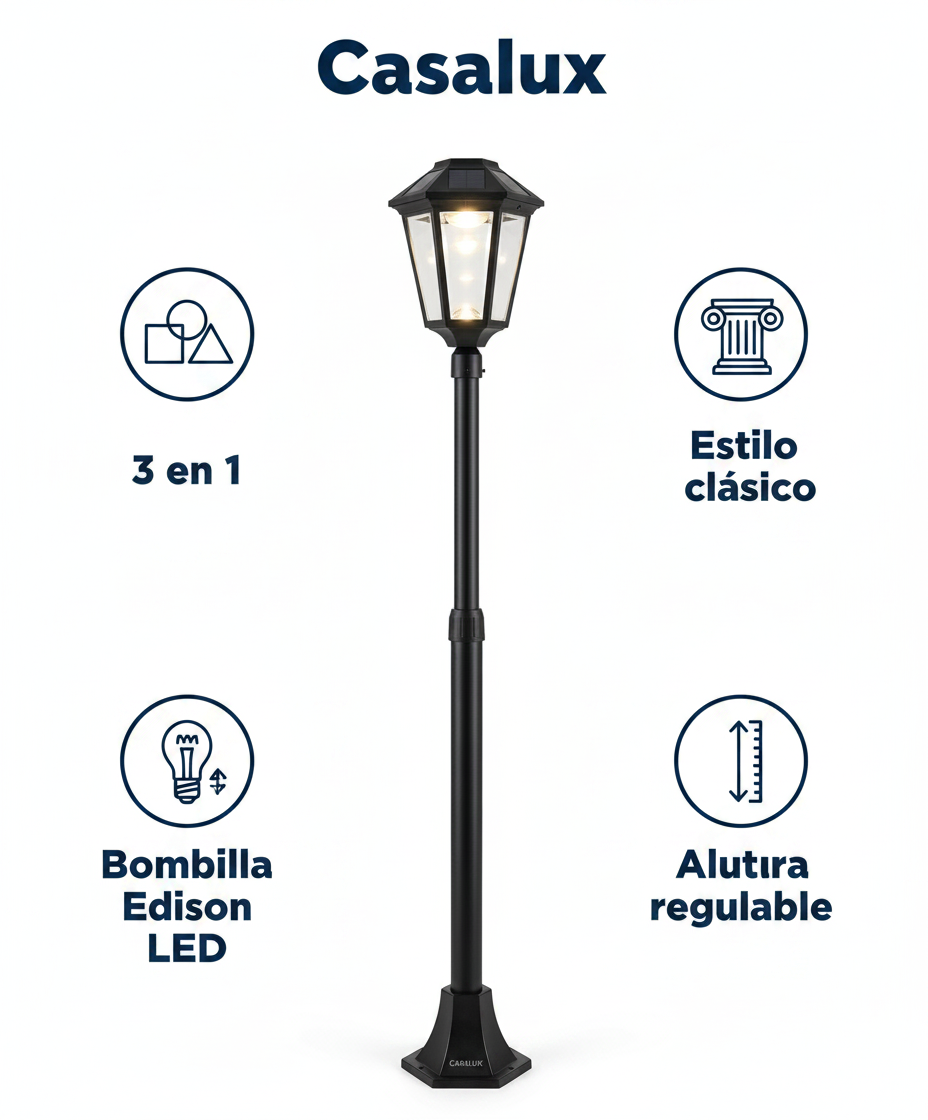 Farola Solar Jardín 3 en 1 Estilo Clásico Luz Cálida Altura Regulable | Casalux