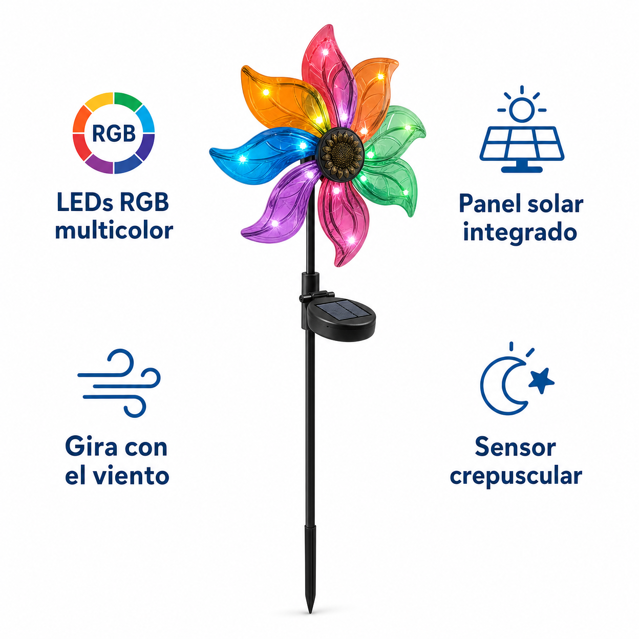 Molinillo Solar Primavera RGB con LEDs Multicolor Estaca Jardín | Belavi