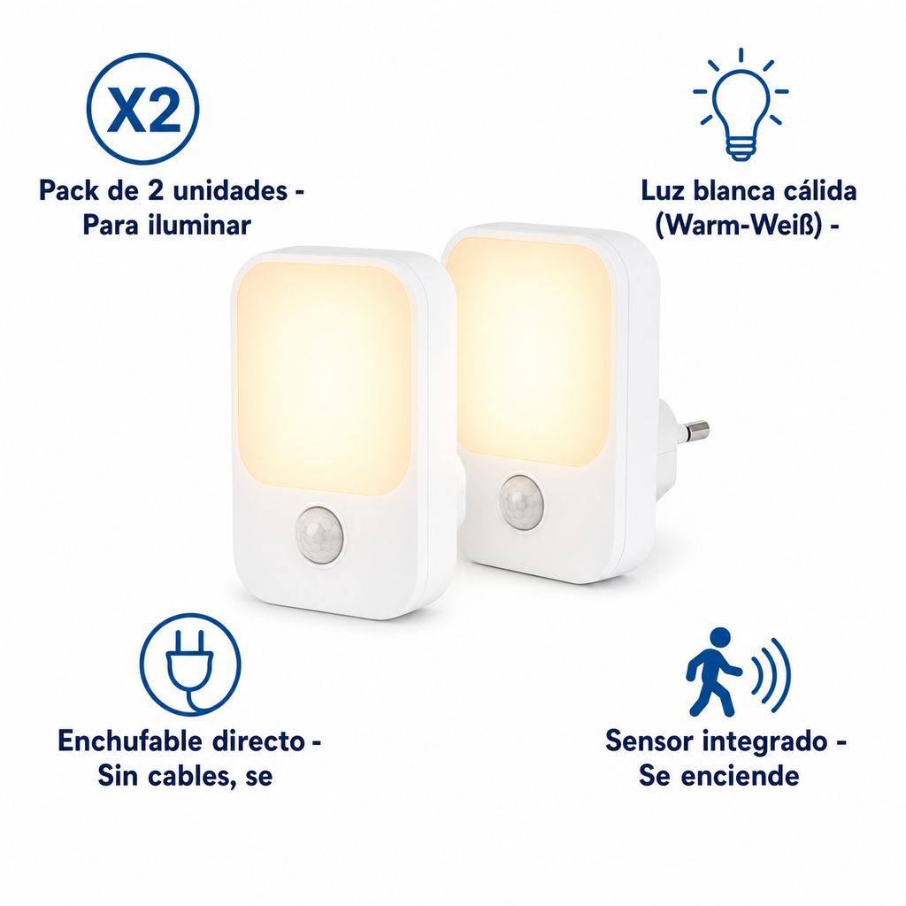 Pack 2 Luces Nocturnas LED Enchufables Luz Cálida con Sensor | Casalux