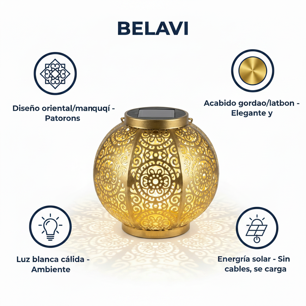 Lámpara Solar Oriental Decorativa Esfera Dorada Luz Cálida Exterior | Belavi