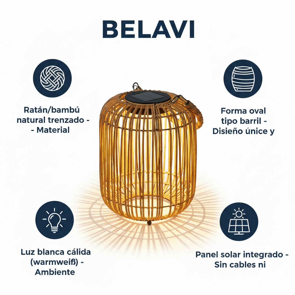 Farolillo Solar Trenzado Oval Ratán Natural Luz Cálida Interior/Exterior | Belavi