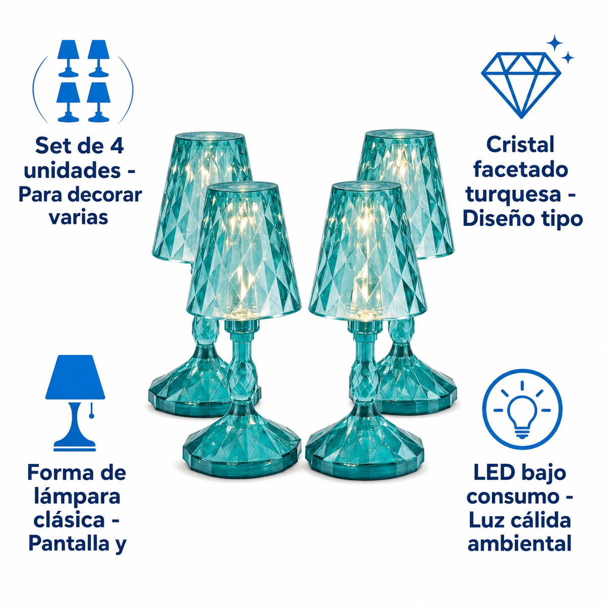 Set 4 Mini Lámparas LED de Mesa Cristal Facetado Turquesa a Pilas | Casalux