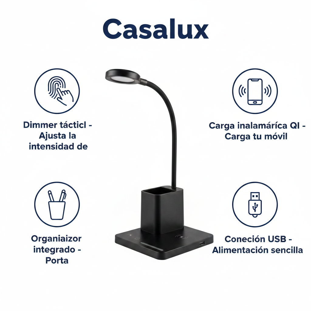 Flexo LED USB Escritorio con Carga Inalámbrica y Organizador Dimmer Táctil | Casalux