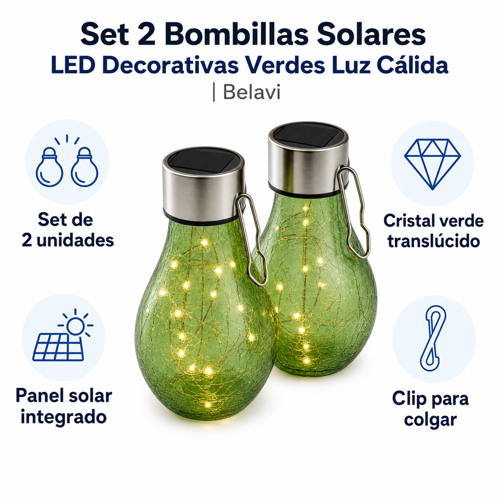 Set 2 Bombillas Solares LED Decorativas Verdes Luz Cálida | Belavi