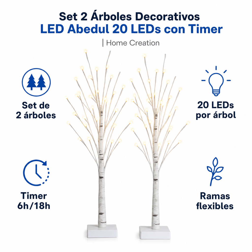 Set 2 Árboles Decorativos LED Abedul 20 LEDs con Timer | Home Creation