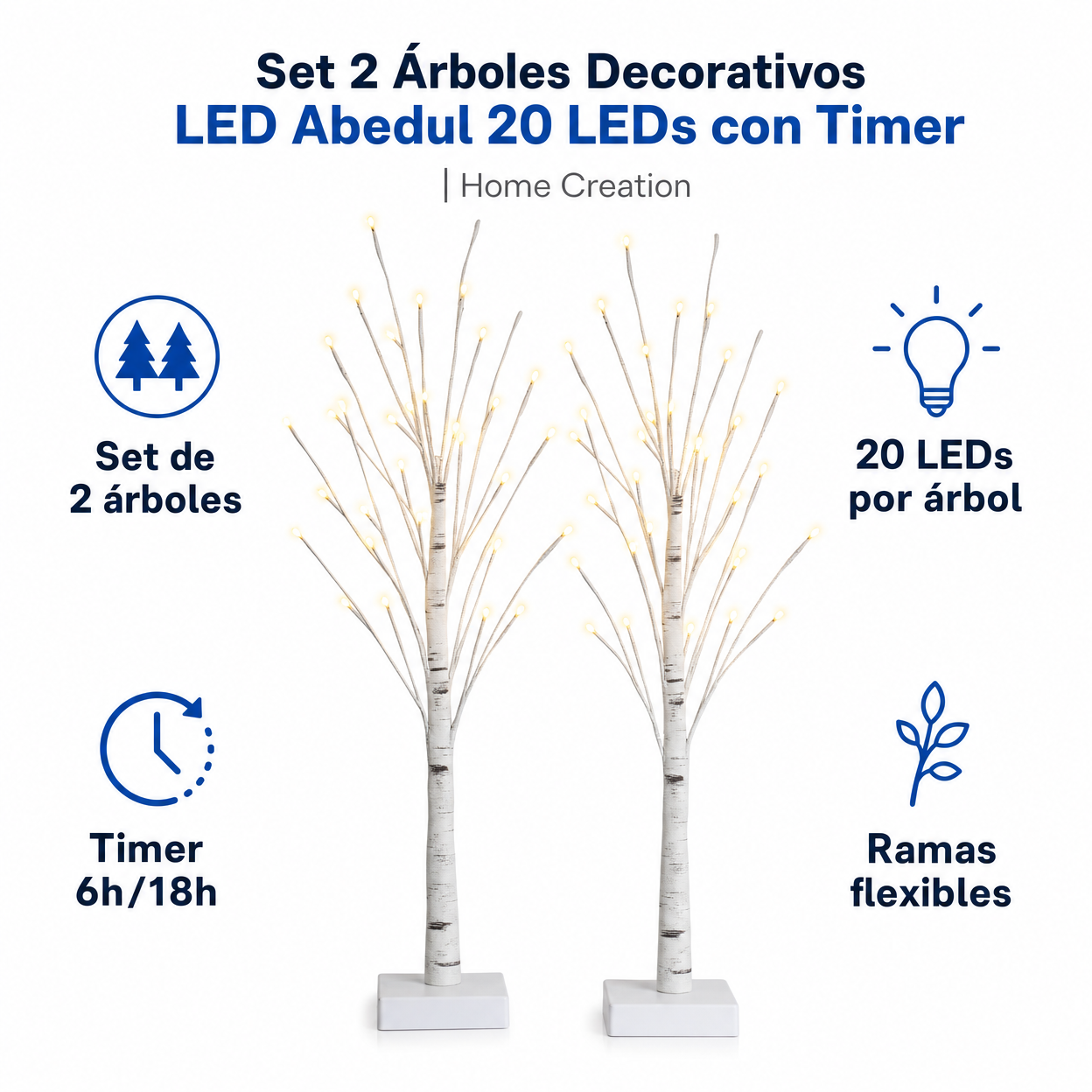 Set 2 Árboles Decorativos LED Abedul 20 LEDs con Timer | Home Creation