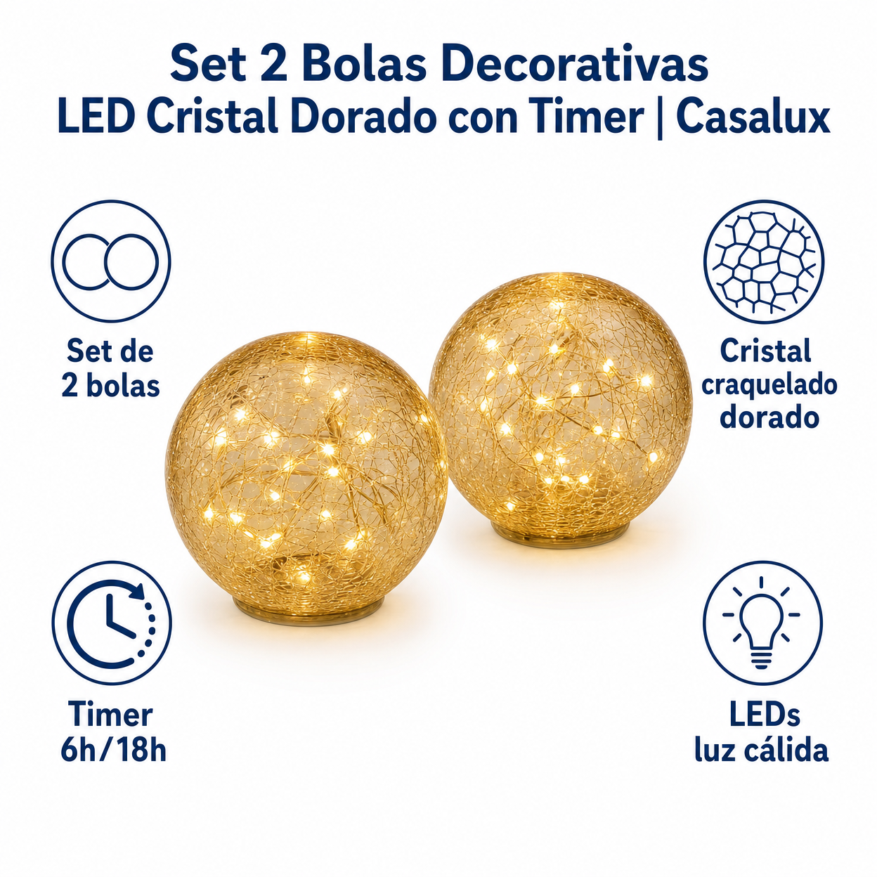 Set 2 Bolas Decorativas LED Cristal Dorado con Timer | Casalux