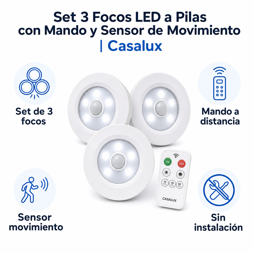 Set 3 Focos LED a Pilas con Mando y Sensor de Movimiento | Casalux
