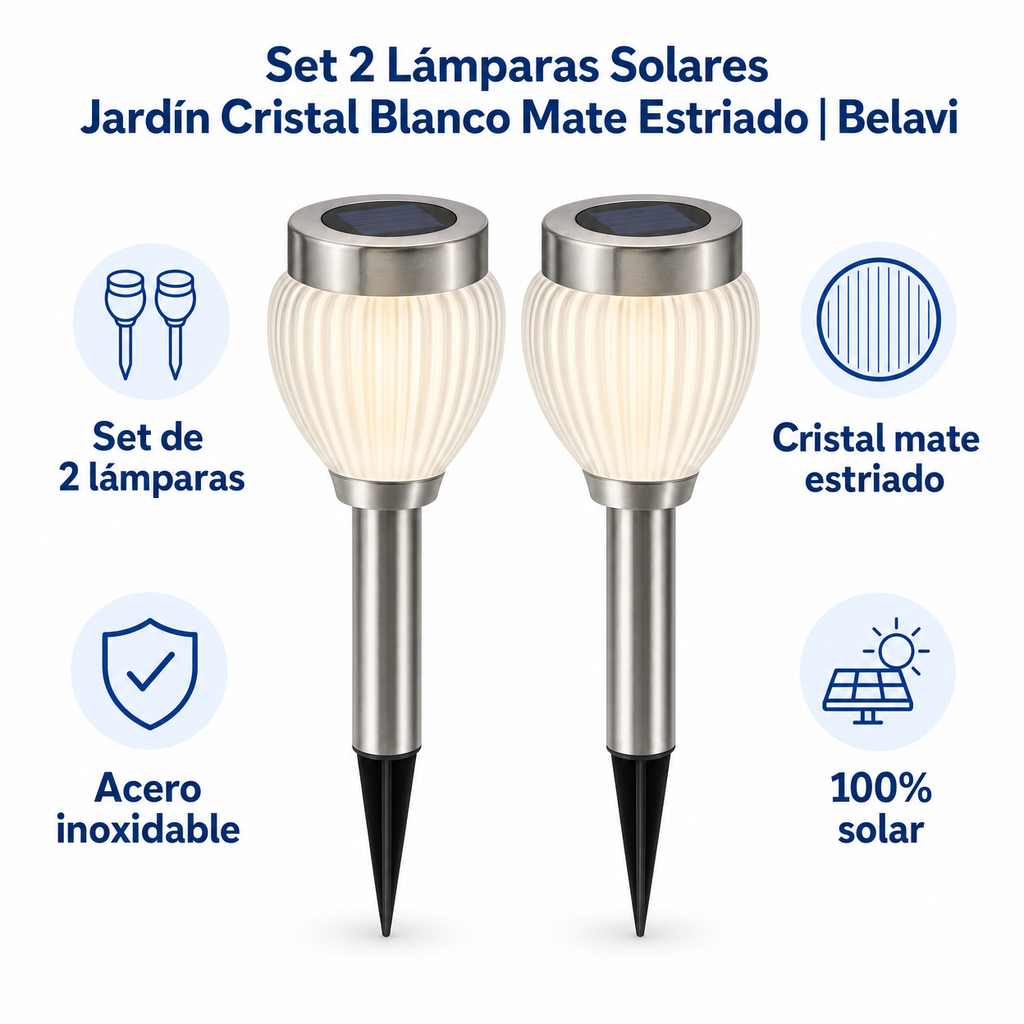 Set 2 Lámparas Solares Jardín Cristal Blanco Mate Estriado | Belavi
