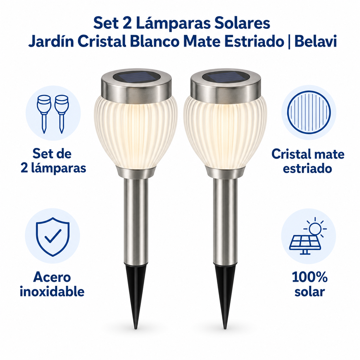 Set 2 Lámparas Solares Jardín Cristal Blanco Mate Estriado | Belavi