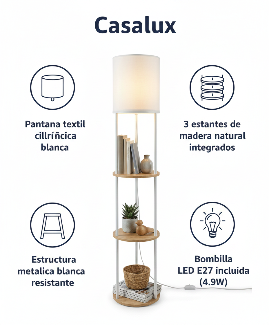 Lámpara de Pie con Estantería 3 Niveles - Casalux