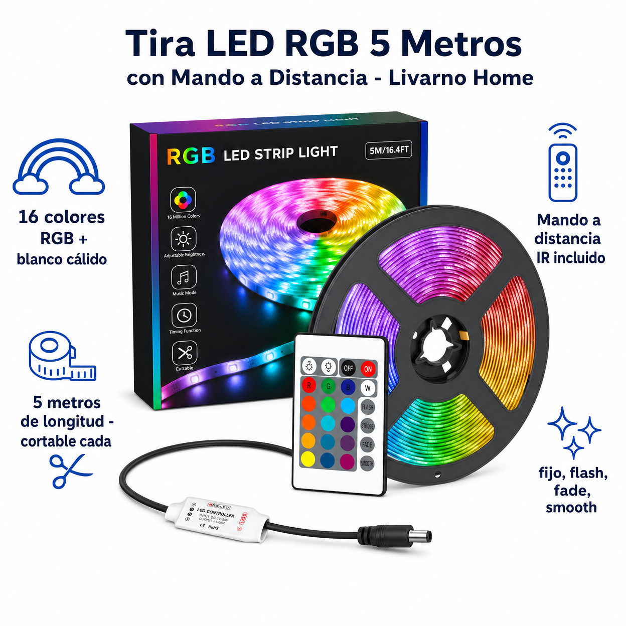 Tira LED RGB 5 Metros con Mando a Distancia - Livarno Home