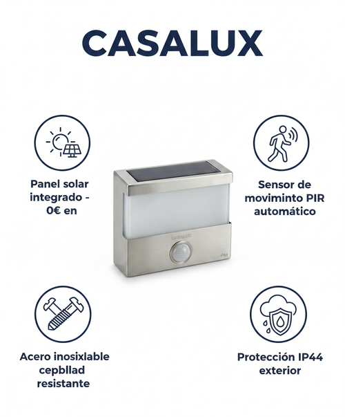 Aplique Solar LED Pared con Sensor de Movimiento Acero Inoxidable - Casalux