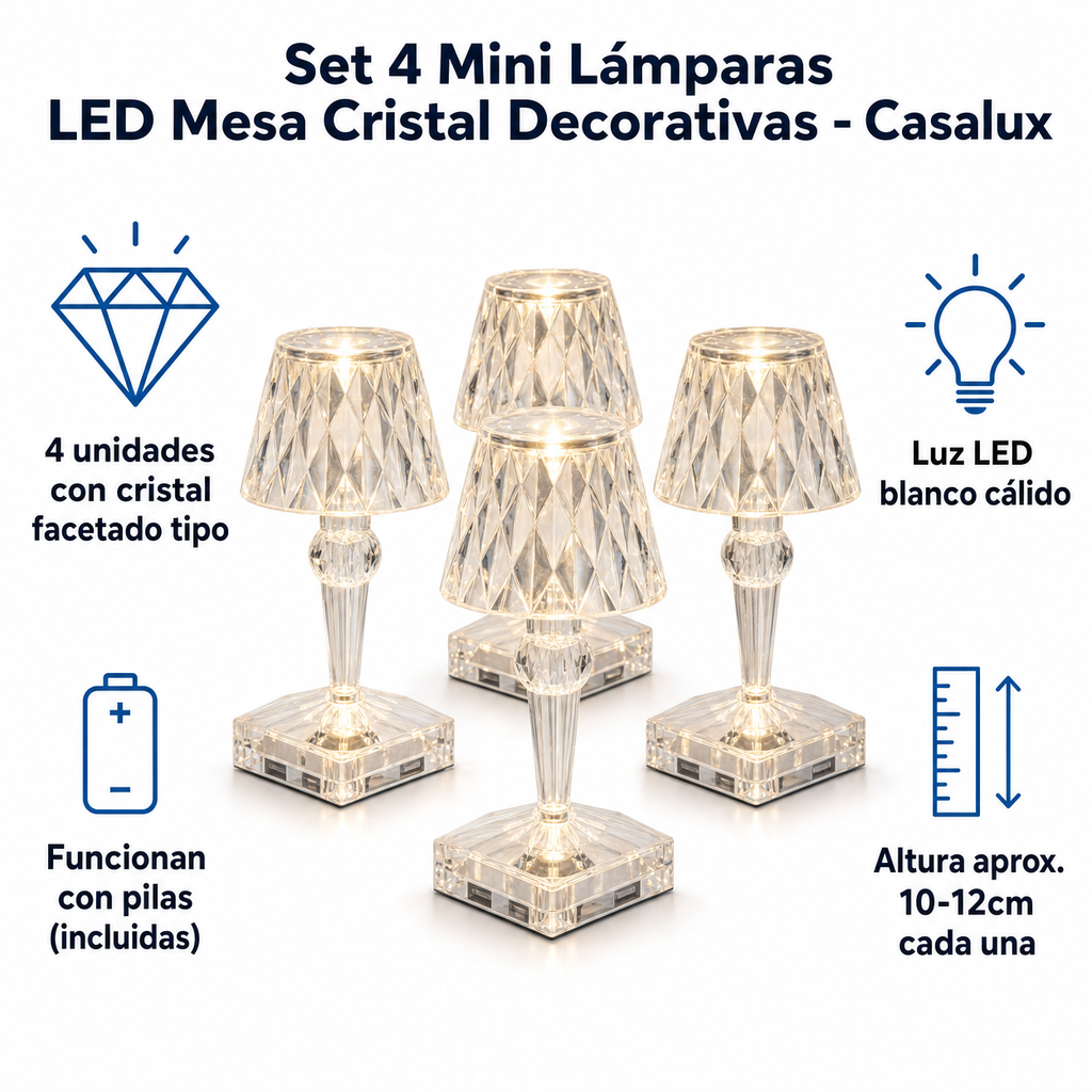 Set 4 Mini Lámparas LED Mesa Cristal Decorativas - Casalux