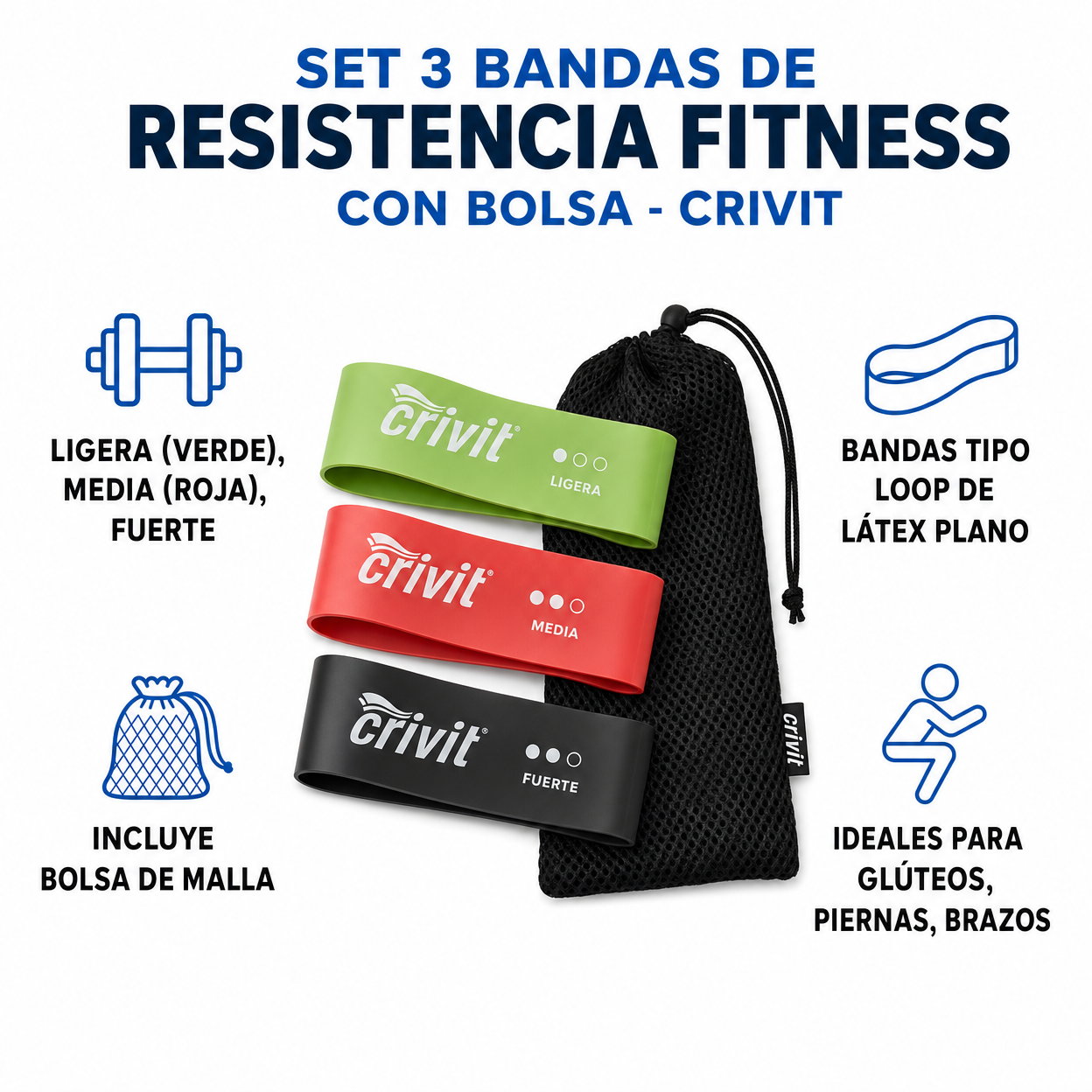 Set 3 Bandas de Resistencia Fitness con Bolsa - Crivit
