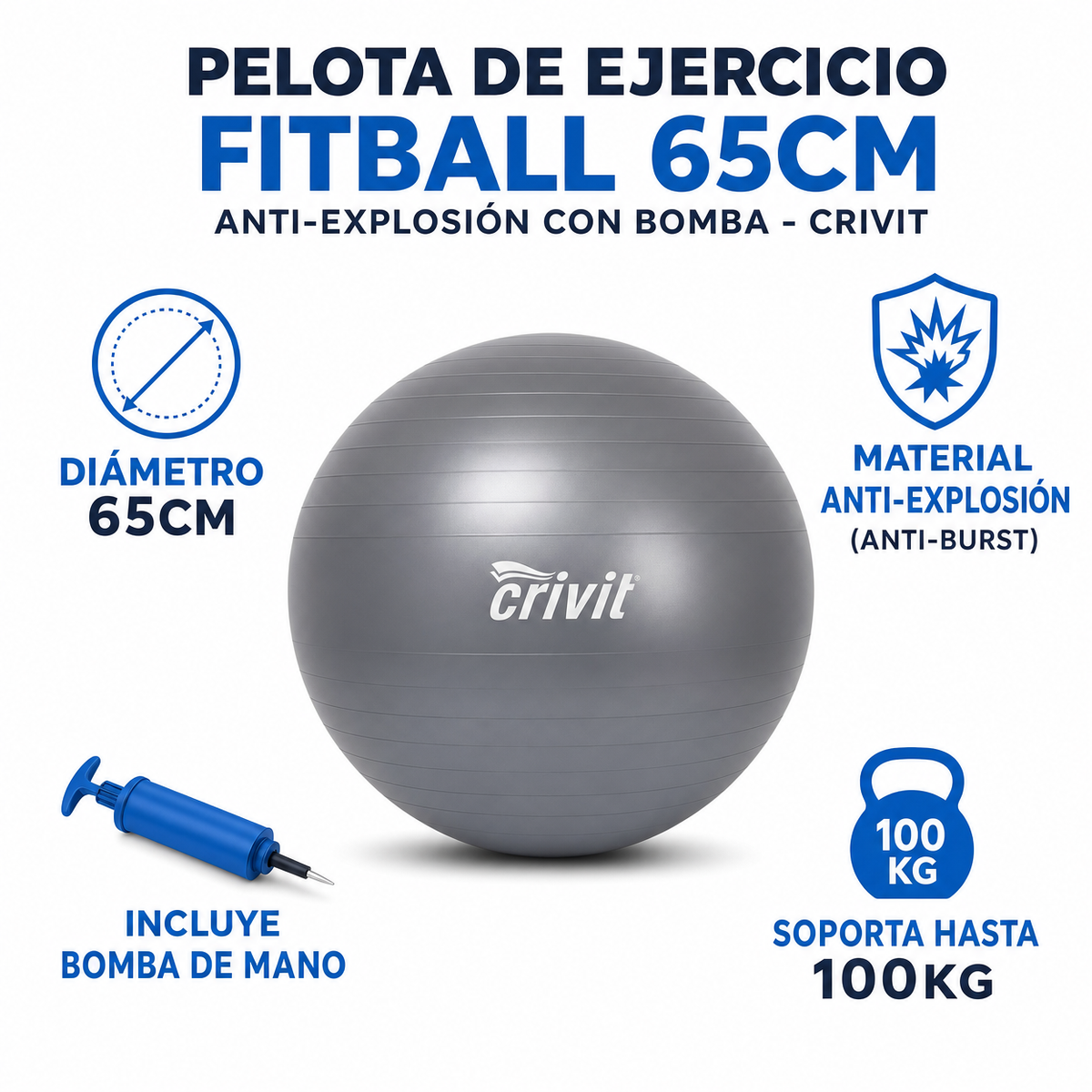 Pelota de Ejercicio Fitball 65cm Anti-Explosión con Bomba - Crivit