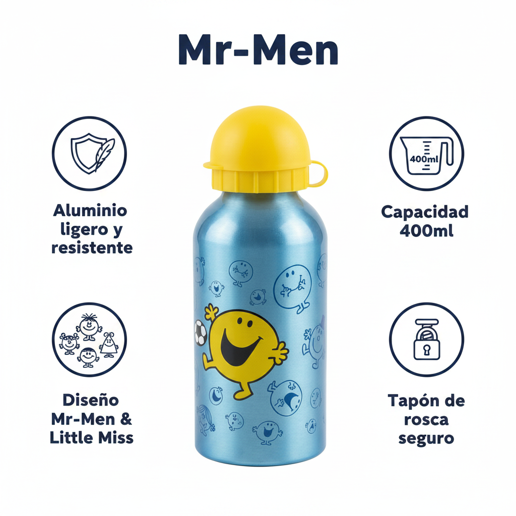 Botella Agua Infantil Aluminio Mr. Men Azul 400ml