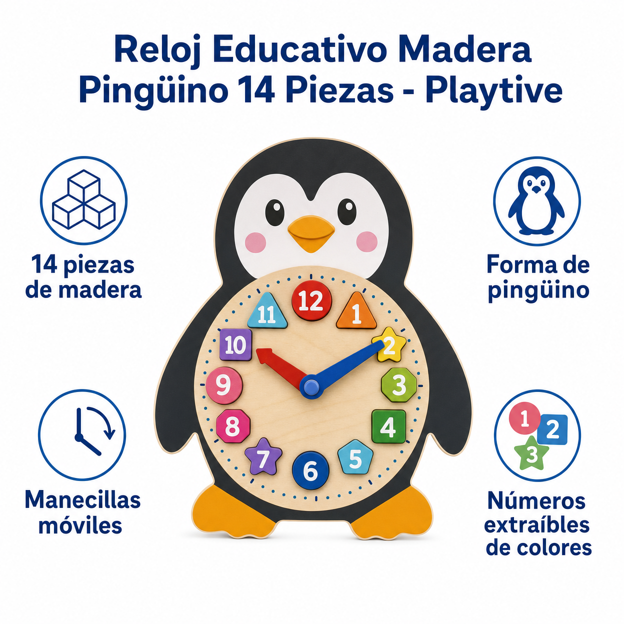 Reloj Educativo Madera Pingüino 14 Piezas - Playtive