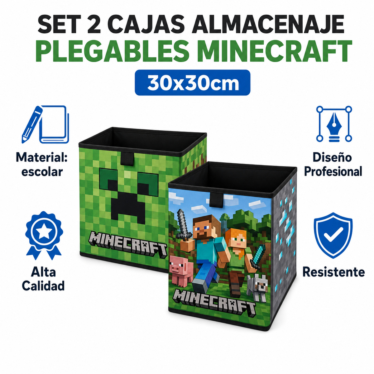Set 2 Cajas Almacenaje Plegables Minecraft 30x30cm